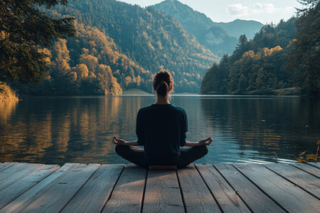 A person practices meditation on a wooden dock surrounded by mountains and trees during sunset.の写真素材