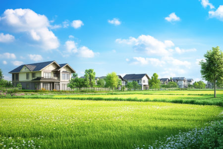 Lush green fields stretch across the landscape, with charming houses nestled under a clear blue sky.の写真素材