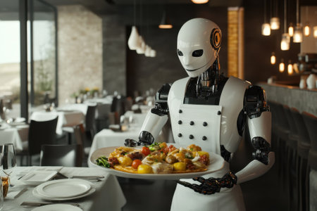 A robot waiter presents a beautifully arranged dish in a contemporary dining space with soft lighting.の写真素材