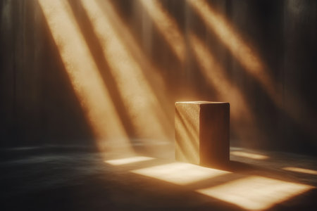 Soft light streams through a space, creating a serene atmosphere around a standalone stone block.の写真素材