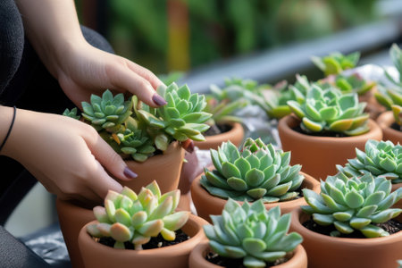 Hands gently arranging vibrant succulents in terracotta pots under bright afternoon sun.の写真素材