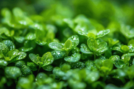Lush green leaves covered in droplets shimmer under soft sunlight, showing nature's beauty in a garden.の写真素材