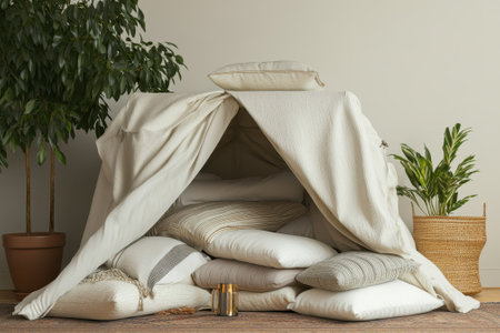 A soft fort constructed from cushions and blankets invites comfort for relaxation or playful activities.の写真素材
