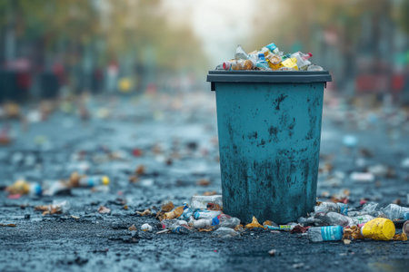 A blue trash can overflows with litter on a street lined with scattered trash and autumn leaves.の写真素材