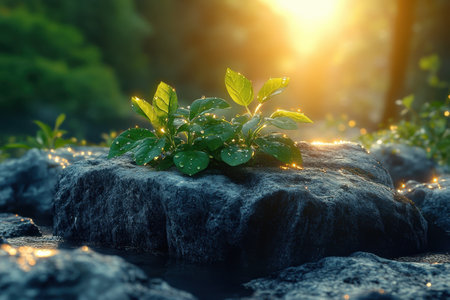 Sunlight glimmers on wet leaves resting on a rock near a peaceful water source in the morning.の写真素材