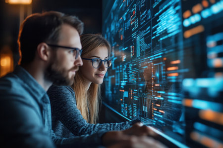 Two colleagues focus on data analysis displayed on a large digital screen in a dimly lit office.の写真素材