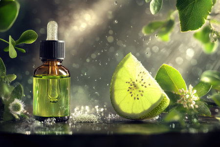 A vibrant cucumber slice rests next to a glass bottle of essential oil surrounded by lush green leaves.の写真素材