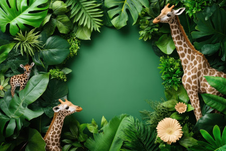 Two giraffes stand surrounded by dense green leaves and tropical plants in a lively setting.の写真素材
