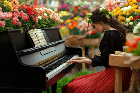 A woman gracefully plays a piano near vibrant flowers, creating a serene atmosphere in an indoor garden.の写真素材
