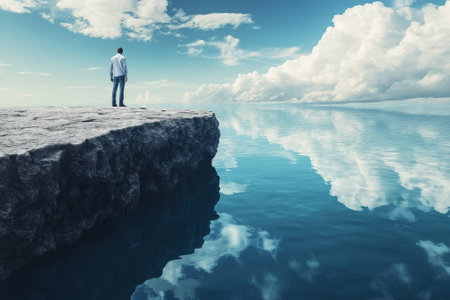 A person gazes into the serene ocean, surrounded by clouds and clear skies, enjoying a peaceful moment.の写真素材