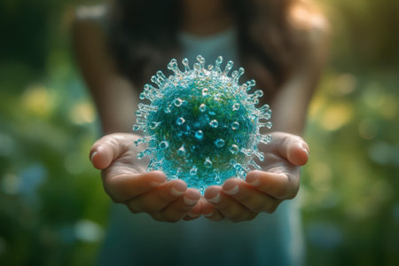 A person is gently holding a colorful virus model in a vibrant, sunlit garden filled with greenery.の写真素材