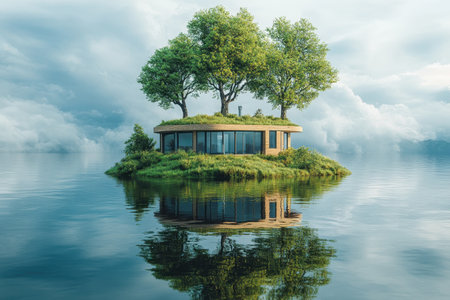 A modern house sits on a small island, surrounded by tranquil water and lush trees under a cloudy sky.の写真素材