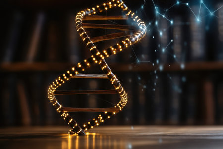 The glowing DNA double helix stands prominently on a wooden desk surrounded by books, merging science and art.の写真素材