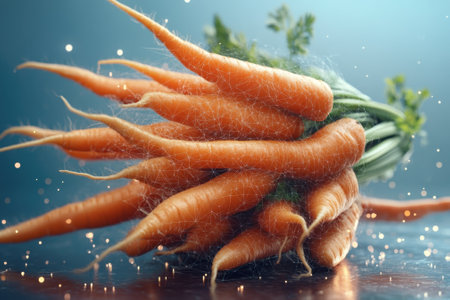 Vibrant carrots, freshly gathered, display their unique shapes and textures on a rustic wooden table.の写真素材