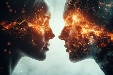 The artwork depicts two faces closely aligned, intertwined with vibrant cosmic elements and colors.の写真素材