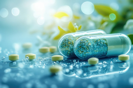 Capsules filled with colorful beads sit among scattered tablets on a reflective blue surface.の写真素材