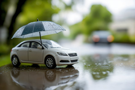 A miniature car sits under an umbrella on a wet street, capturing a whimsical interaction with rain.の写真素材