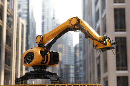 A robotic arm is engaged in construction tasks amidst modern skyscrapers in a bustling city.の写真素材