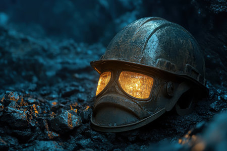 An aged mining helmet lies among stones, glowing with warm light in a dark underground setting.の写真素材
