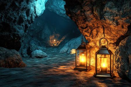 Two lanterns cast a warm glow in a dark cave, revealing textured rock formations and deep shadows.の写真素材