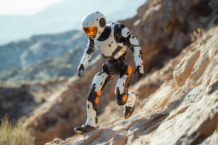A humanoid robot traverses rugged rocks in a mountainous area during sunset, showing advanced mobility.の写真素材