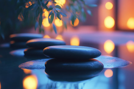 Smooth stones are arranged artfully in calm water, surrounded by soft, glowing lights creating a serene atmosphere.の写真素材