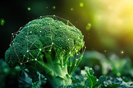 A vibrant broccoli plant is highlighted by warm sunlight, showing digital connection graphics around it.の写真素材