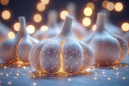 Garlic bulbs are arranged beautifully with gentle lighting, showing a unique digital network effect.の写真素材