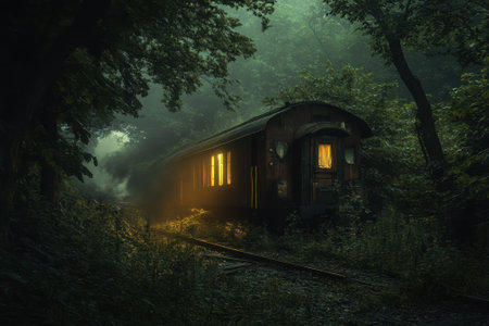 An old train carriage sits forgotten among lush greenery, softly lit by warm yellow light from its windows.の写真素材