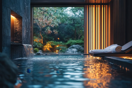A calming pool area featuring soft lighting, natural elements, and towels, inviting relaxation and peace.の写真素材