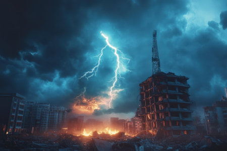 A fierce storm engulfs a ruined city, as lightning flashes against dark clouds above crumbling buildings.の写真素材