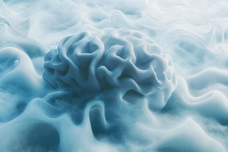 A detailed representation of a brain surrounded by soft, swirling mist, conveying a surreal atmosphere.の写真素材