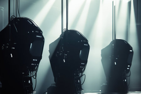 State-of-the-art lighting fixtures are arranged in a studio, creating a dramatic atmosphere with beams of light.の写真素材