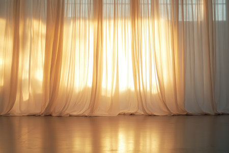 Warm light gently envelops a serene room, casting soft shadows as day transitions into evening.の写真素材