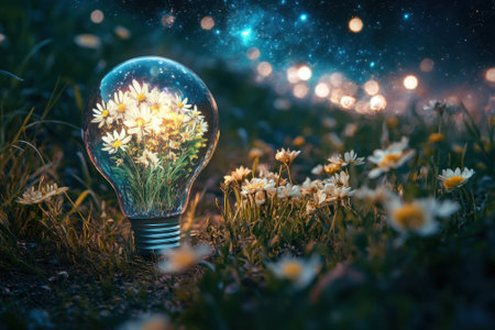 A light bulb filled with blooming flowers stands among blooming daisies in a magical landscape at night.の写真素材