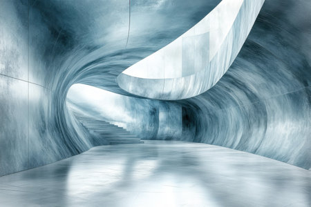 A sleek interior features flowing lines, illuminated spaces, and a sense of tranquility within the design.の写真素材