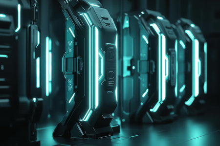 Modern storage units are arranged in a row, glowing with blue light in a sleek, dark setting.の写真素材
