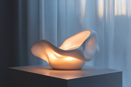 A modern lamp featuring smooth, organic shapes glows softly in a cozy interior with natural light streaming in.の写真素材