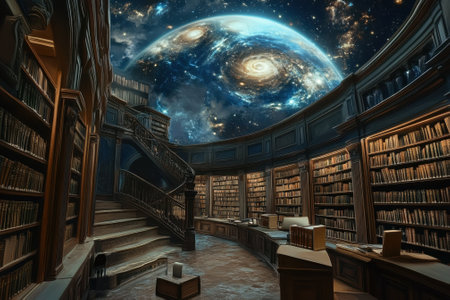 Ancient library features a grand staircase and shelves full of books under a captivating cosmic display.の写真素材