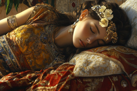 A young woman, adorned with flowers and jewelry, sleeps peacefully on luxurious fabrics in a beautiful setting.の写真素材