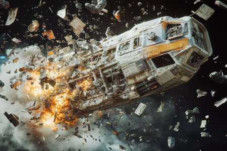 A spacious craft disintegrates amidst exploding fragments and fiery bursts in deep space.の写真素材