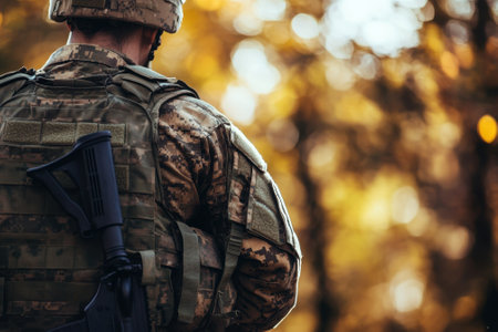 A soldier clad in camouflage stands still, observing the surroundings in a tranquil forest during sunset.の写真素材