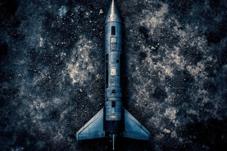 A vintage rocket model is placed on a rough, dark surface, showing its intricate design and details.の写真素材