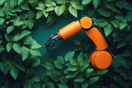 A striking robotic arm reaches through vibrant green leaves, illustrating the harmony between nature and technology.の写真素材