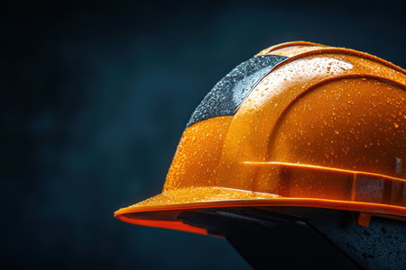 A close-up view of a wet orange safety helmet, symbolizing construction work in bad weather conditions.の写真素材