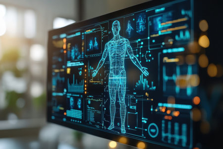 A digital interface showcases human anatomy with interactive data in a contemporary office setting.の写真素材