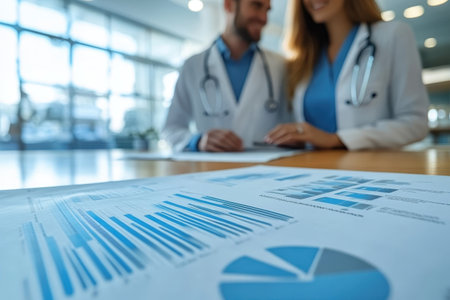 Two medical professionals review analytical reports while collaborating in a bright office.の写真素材