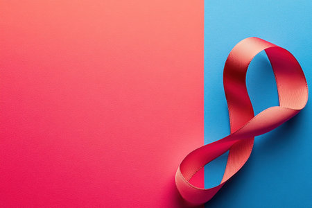 A flat ribbon in a soft coral shade rests elegantly on a bright blue and pink backdrop.の写真素材