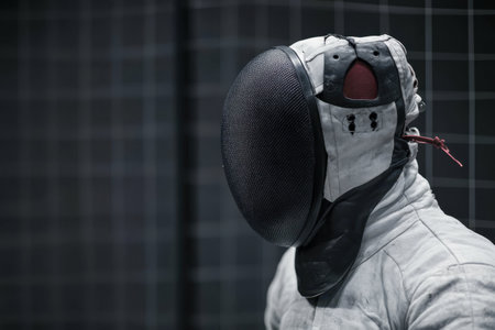 A fencer clad in protective clothing stands focused, ready to practice in a training facility.の写真素材