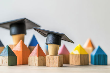 Colorful wooden blocks with graduation caps symbolize learning and achievement during the celebration.の写真素材